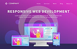 Rwd responsive website development concept with various computer desktop screen and tablet smartphone for website template landing