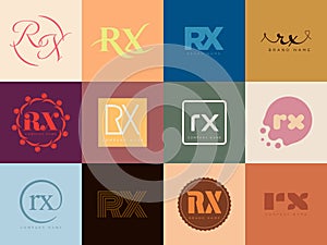 RX logo company template. Letter r and x logotype. Set different classic serif lettering and modern bold text with design elements