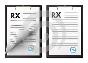 RX medical prescription pad set. Paper notes clipboard for report and prescriptions for patients vector illustration
