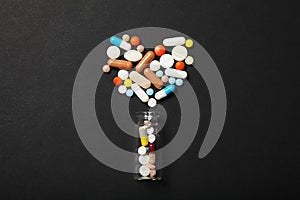 Rx meditation medicine. Bottle and pills. Doctor care