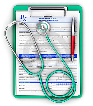 RX prescription pad, medical stethoscope and ballpoint pen