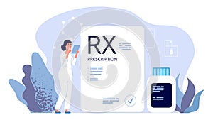 RX prescription. Pharmacist illustration, painkiller medication prescription. Vector pharmeceutical industry, therapy photo
