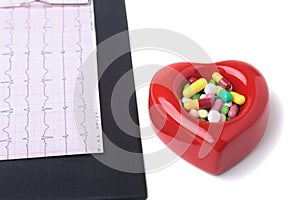 RX prescription, Red heart, asorted pils and a stethoscope on white background