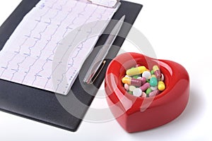 RX prescription, Red heart, asorted pils and a stethoscope on white background