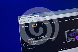 Ryazan, Russia - April 16, 2018 - Homepage of Amazon Web Services - AWS website on the display of PC.