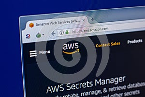 Ryazan, Russia - April 16, 2018 - Homepage of Amazon Web Services - AWS website on the display of PC.