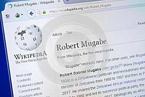 Ryazan, Russia - August 19, 2018: Wikipedia page about Robert Mugabe on the display of PC.