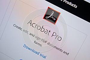 Ryazan, Russia - July 11, 2018: Adobe Acrobat Pro, software logo on the official website of Adobe.