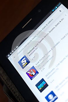 Ryazan, Russia - May 03, 2018: theScore icon in the list of mobile apps on the display of tablet PC.