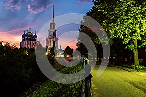 Night view of Bell tower and Cathedral of Ryazan Kremlin at sunset, Russia