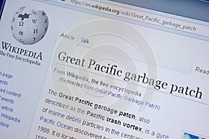Ryazan, Russia - September 09, 2018 - Wikipedia page about Great Pacific garbage patch on a display of PC. photo