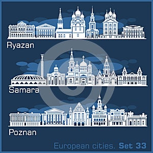 Ryazan, Samara, Poznan - European City skyline set. Vector silhouette on blue.