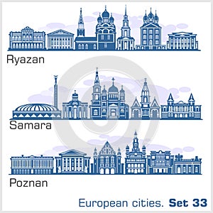 Ryazan, Samara, Poznan - European City skyline set. Vector silhouette on white.