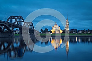 Rybinsk, Russia. Cathedral and bridge reflecting in Volga river