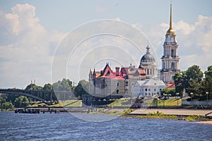 Rybinsk. View of the building of the grain exchange, the Holy Transfiguration Cathedral and the bridge over the Volga river. View