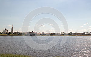 Rybinsk. View of the building of the grain exchange, the Holy Transfiguration Cathedral and the bridge over the Volga river. View