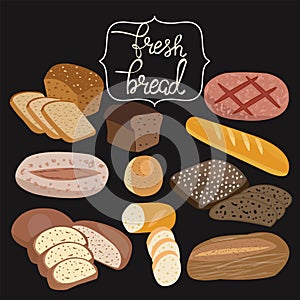 rye bread, ciabatta, wheat bread, whole grain bread, bagel, sliced bread, french baguette and lettering fresh bread.