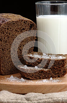 Rye bread with salt and a glass of milk