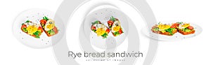 Rye bread sandwich with guacamole, arugula, tomatoes and quail egg isolated on a white background. Bruschetta with