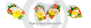 Rye bread sandwich with guacamole, arugula, tomatoes and quail egg isolated on a white background. Bruschetta with