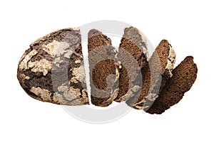 rye bread slices and half of loaf, isolate on a white background