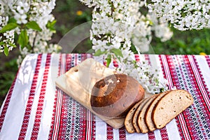 Rye bread on a wooden board against a background of with blooming cherry branches. fresh bread on a background of flowering trees