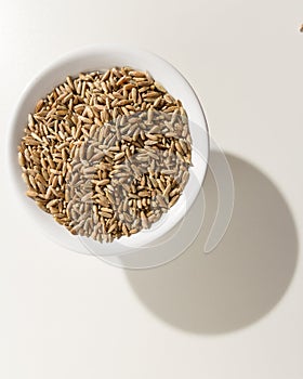 Rye cereal grain. Grains in a bowl. Shadow over white table.