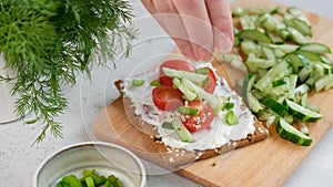 Rye crispbread with cream cheese, vegetables and hemp seeds