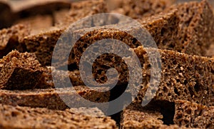 Rye croutons close-up, bread texture, macro photography