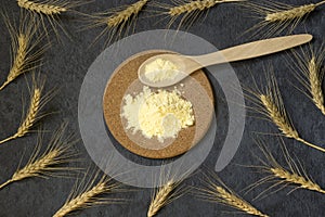 Rye flour on a board, ears of rye on a dark background. Home production concept. Top view