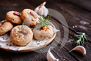 Rye flour buns with Schwarzwald ham, garlic, cumin, rosemary and Himalayan salt