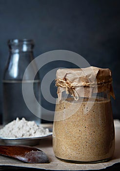 Rye leaven for bread is active. Starter sourdough. Ingredients for leaven