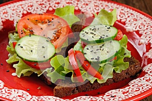 Rye sandwich with salad leaves, tomato, cucumber, bell pepper in