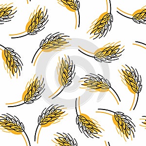 Rye seamless pattern. Line grain wheat or cereal. Cartoon yellow elements on white background, bread or beer decor textile, fabric