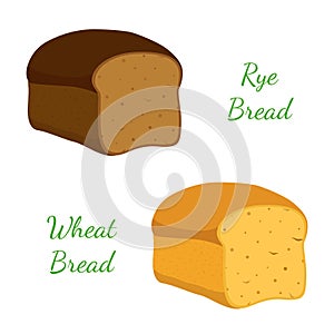 Rye, wheat bread, whole grain loaf, bakery, pastry. Cartoon style. Vector