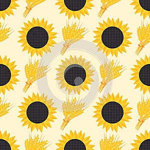 Rye wheat harvest vector seamless pattern ears of golden sunflower beautiful nature rural background