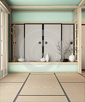 Ryokan light blue Room empty zen very japanese style with tatami mat floor.3D rendering