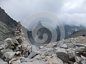 Rysy Mountain valley on a high tatra mountains-mountain valley in dense mist and clouds-Slovakia