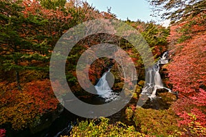 Ryuzu Falls with changing maple leaves