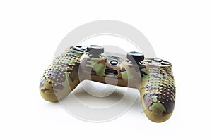RZHEV, RUSSIA - May 16, 2021: New Sony Dualshock 4 for PlayStation 4 in a camouflage case on a white background