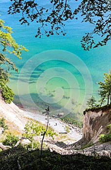 RÃ¼gen Baltic  coast and chalk cliffs framed in trees, Jasmund National Park, Germany