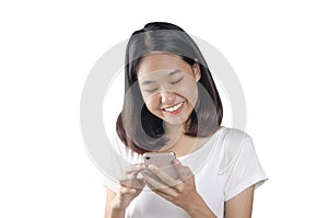 20s an Asian young woman checking mobile phone with white background