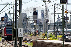 An S-Bahn train leaves a station a