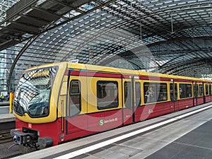 S-Bahn train at the platform in the main station of Berlin. Berlin, Germany.