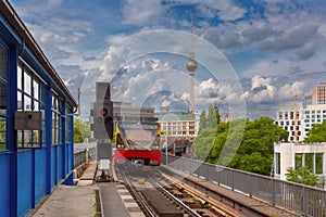 S-Bahn train and TV Tower in Berlin Germany