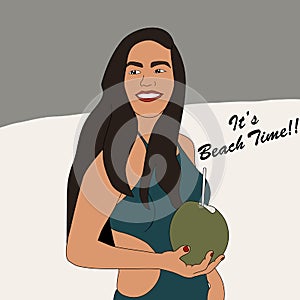 It`s Beach Party Time. women holding coconut with straw illustration on isolated background