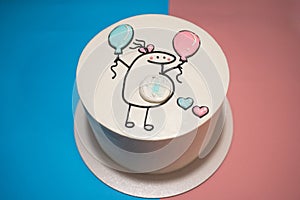 It\'s a boy, baby gender reveal cute cake print: pregnant woman. Baby shower