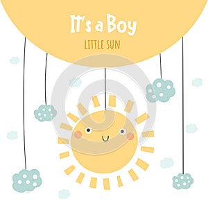 It`s a boy baby shower card, postcard, poster for birthday with sun, clouds, sky.