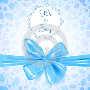 It`s a boy baby shower cute card invitation with blue bow, vector illustration