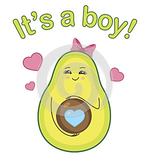 It`s a boy. Baby shower party. Gender of a child. Pregnancy announcement. Expecting a baby. Happy pregnant mother. Cartoon avocado